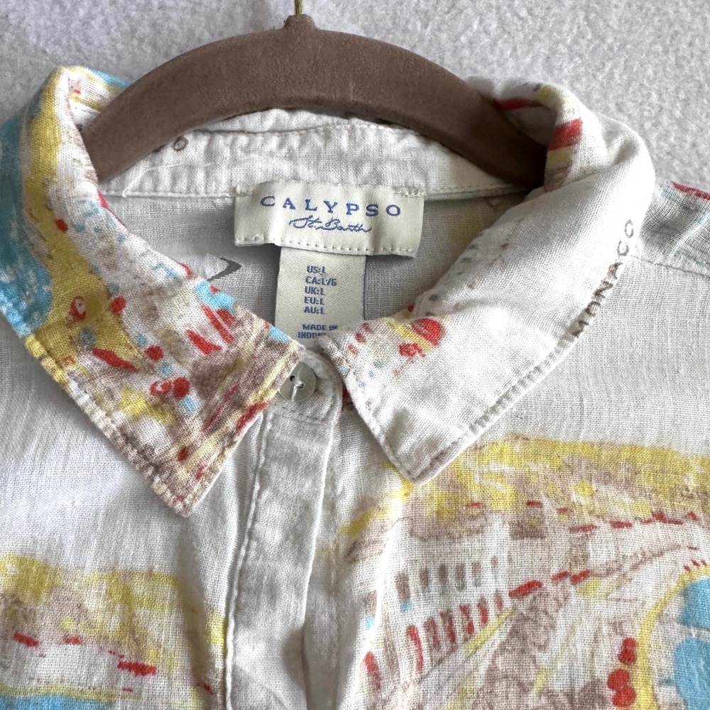 Calypso St Barth L Linen Postcard Print Shirt Dress Monaco Menton Nice Roll Tab - Picture 3 of 16